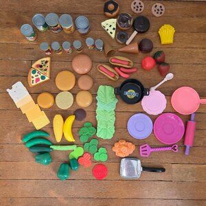Vintage Lot of Play Food Desserts, Canned Goods, Veggies, and Pans